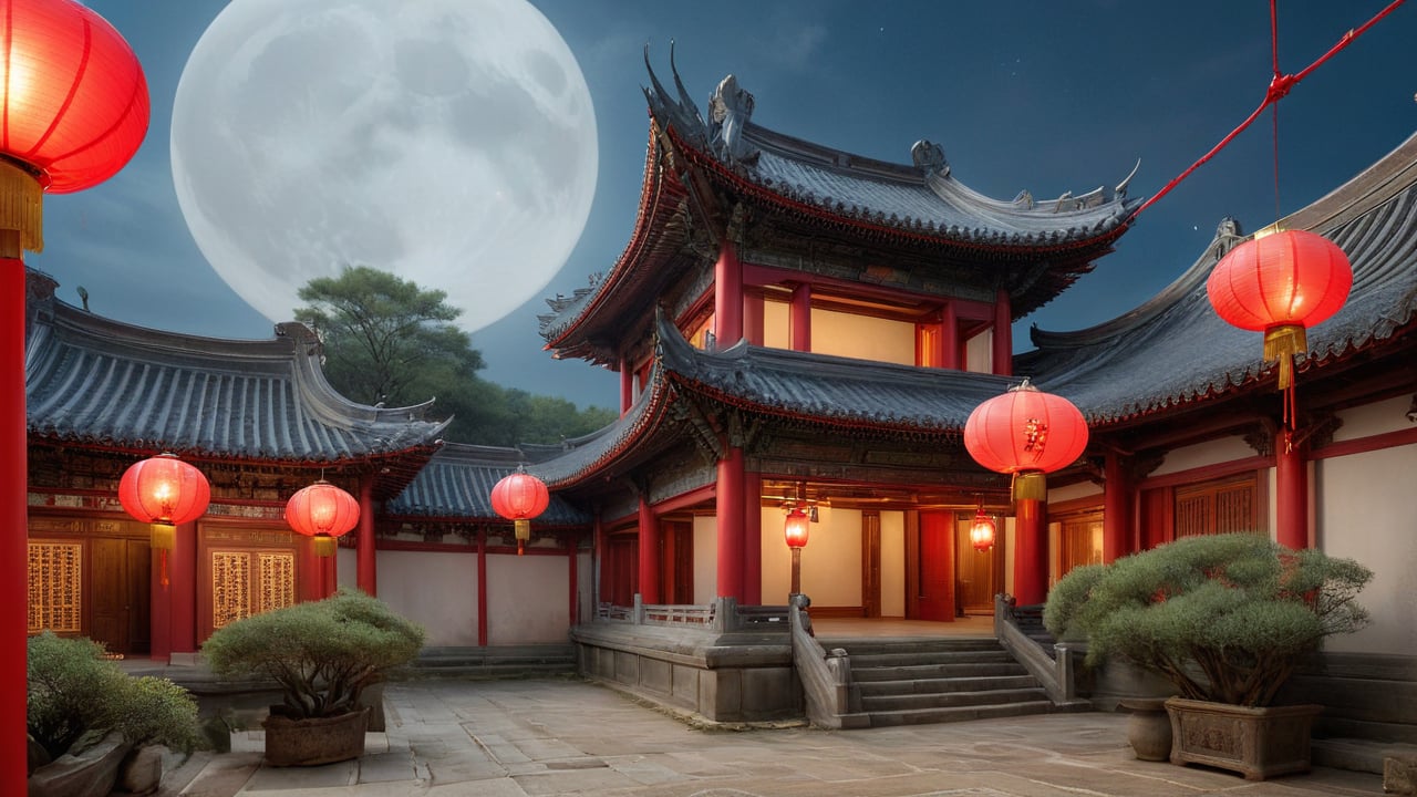 Description: A bright full moon hangs high in the night sky, emitting a silver glow. A few wisps of light clouds drift by, complementing the stars. In the distance, the eaves of Ming dynasty buildings are clearly visible under the moonlight, and a few red silk lanterns hang at the doorway, gently swaying in the breeze.
Keywords: Full moon, silver glow, Ming dynasty buildings, red silk lanterns