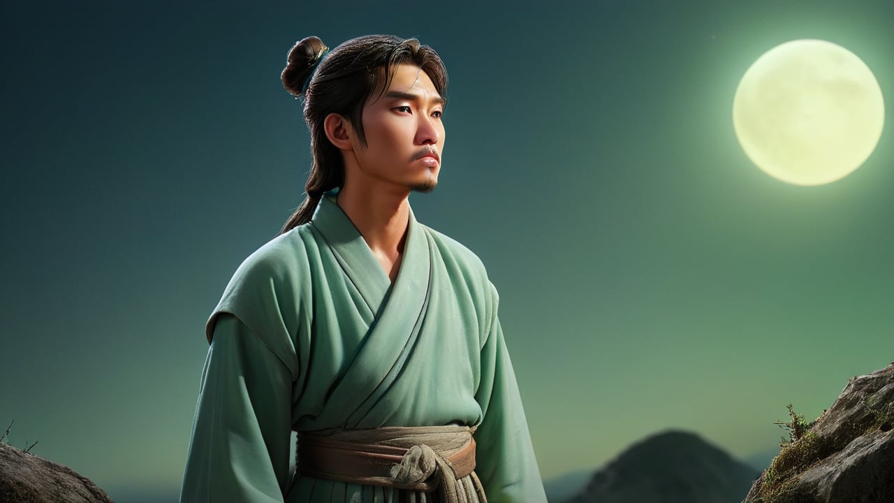 On a small hill, a lonely young man in a plain long robe from the Han dynasty, with a jade belt, tears streaming down his cheeks, gazes deeply towards the horizon. Beside him is a cloth bag and a sword, symbolizing his imminent departure, with moonlight casting a beautiful yet sorrowful glow on him.
   - Keywords: young man, plain long robe, jade belt, tears, cloth bag, sword, Han dynasty