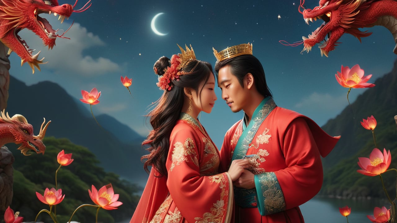 In a dream, lovers reunite under a starry night sky, dressed in traditional Han dynasty wedding attire. The groom wears a red dragon-embroidered long robe, and the bride wears a phoenix-embroidered bridal gown with a crown. They dance together. The bride's crown is adorned with rubies and jade, and her gown is embroidered with gold thread. The surrounding starry night sky and blooming flower sea make it seem like the whole world is celebrating their reunion.
   - Keywords: dream, traditional wedding attire, bridal gown, rubies, jade, gold thread, stars, flower sea, Han dynasty
