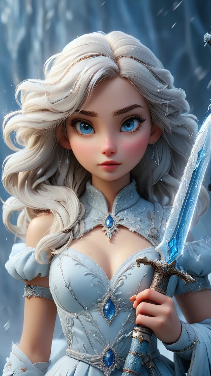 She wears a white velvet dress, her skin glowing with an icy blue hue, and she wields a frosty sword.
Style: Cold and pure, with a serene yet formidable presence.
Background: Frosty Frost Sprite governs the realm of ice and snow, bringing tranquility and purity while guarding against destructive forces.
Keywords:
Frosty: Icy, cold, frigid.
Pure: Unblemished, pristine, clean.
Tranquil: Peaceful, calm, serene.