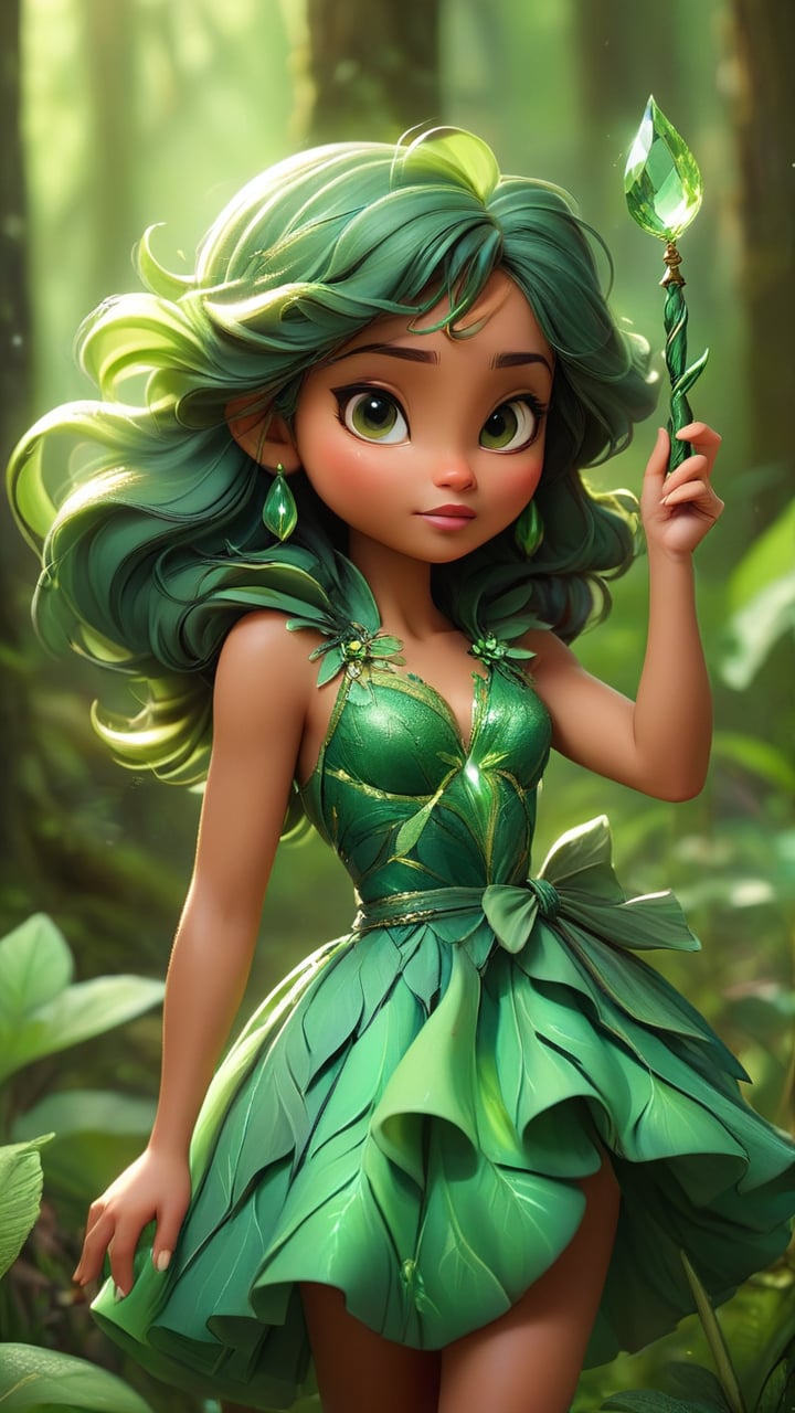  She wears a green leaf dress, her skin radiating an emerald glow, and she carries a green wand.
Style: Lively and harmonious, with a connection to nature and an aura of peace.
Background: Emerald Sprite is the protector of forests, nurturing plants and ensuring the health of her natural domain.
Keywords:
Lively: Animated, spirited, energetic.
Natural: Organic, pure, unrefined.
Harmonious: Balanced, peaceful, concordant.