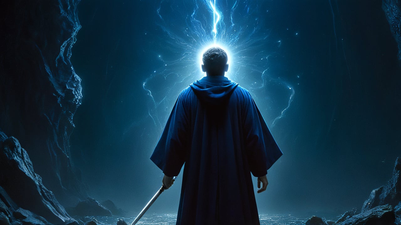 The protagonist enters a vast and mysterious abyss of the mind, with deep echoes resonating around. Abstract shapes and memory images float in the abyss, like an endless sea of thoughts. The protagonist wears a dark blue robe, holds a glowing staff, and has eyes shining with curiosity.