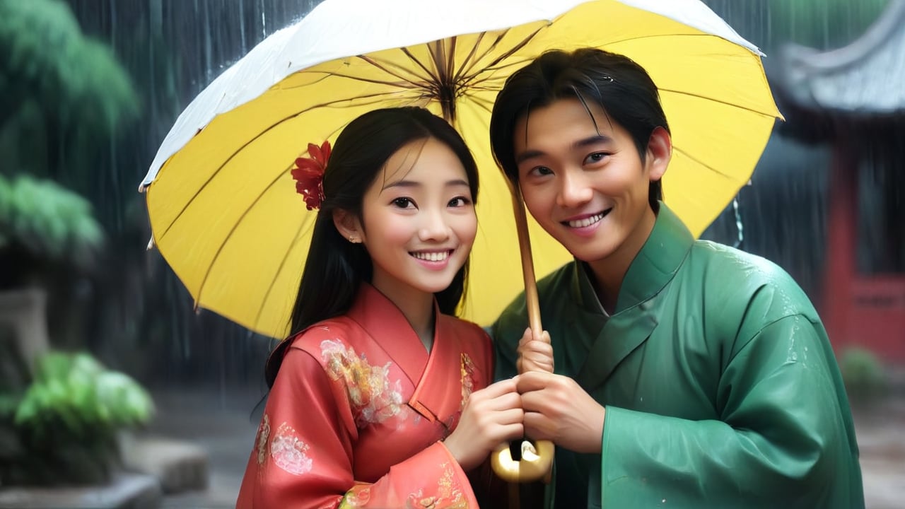 /create Prompt: Bai Niangzi and Xu Xian sheltering together under an oil-paper umbrella during rain. Bai Niangzi and Xu Xian walking side by side, holding an oil-paper umbrella. Medium shot. Rain pours down as they laugh together, finding solace in each other's company.  -camera zoom in -fps 24 -gs 16 -motion 1 -Consistency with the text: 20 -style: 3D Animation -ar 16:9