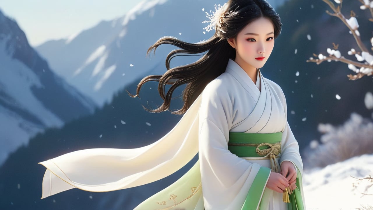 In the deep valley of the Tang Dynasty, Dou E strides briskly, clad in a plain white silk Hanfu with a white silk ribbon adorning her head and green shoes embroidered with golden threads. Snowflakes flutter down, landing on her black hair, accentuating her pale complexion. Far-off mountains rise majestically, shrouded in white snow, forming a magnificent backdrop while surrounding trees sway in the wind. Keywords: Cold