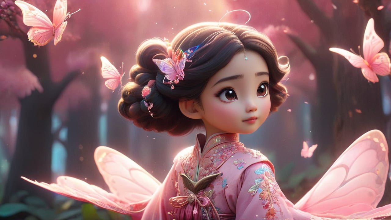 An ancient Chinese girl has a pair of colorful butterfly wings floating in the air and wears a pink Han Dynasty dress. flowers, wings, trees, no humans, bugs, many small butterflies, nature, forest, fly, butterfly wings,glitter,Disney pixar style