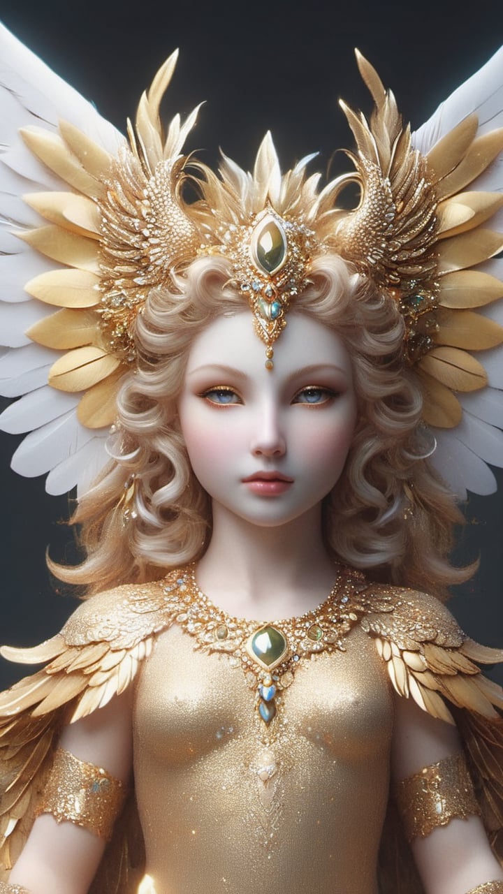 A magnificent, angelic figure with a human-like torso and face, but with a pair of enormous, golden wings. Its expression is serene and benevolent, yet its gaze is piercing. Focus on the intricate feather details of the wings, the angelic facial features, and the aura of power and grace surrounding the figure.
