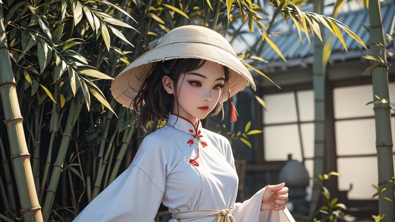 A Vietnamese girl is wearing a traditional white Vietnamese long dress cheongsam and an original bamboo hat on her head