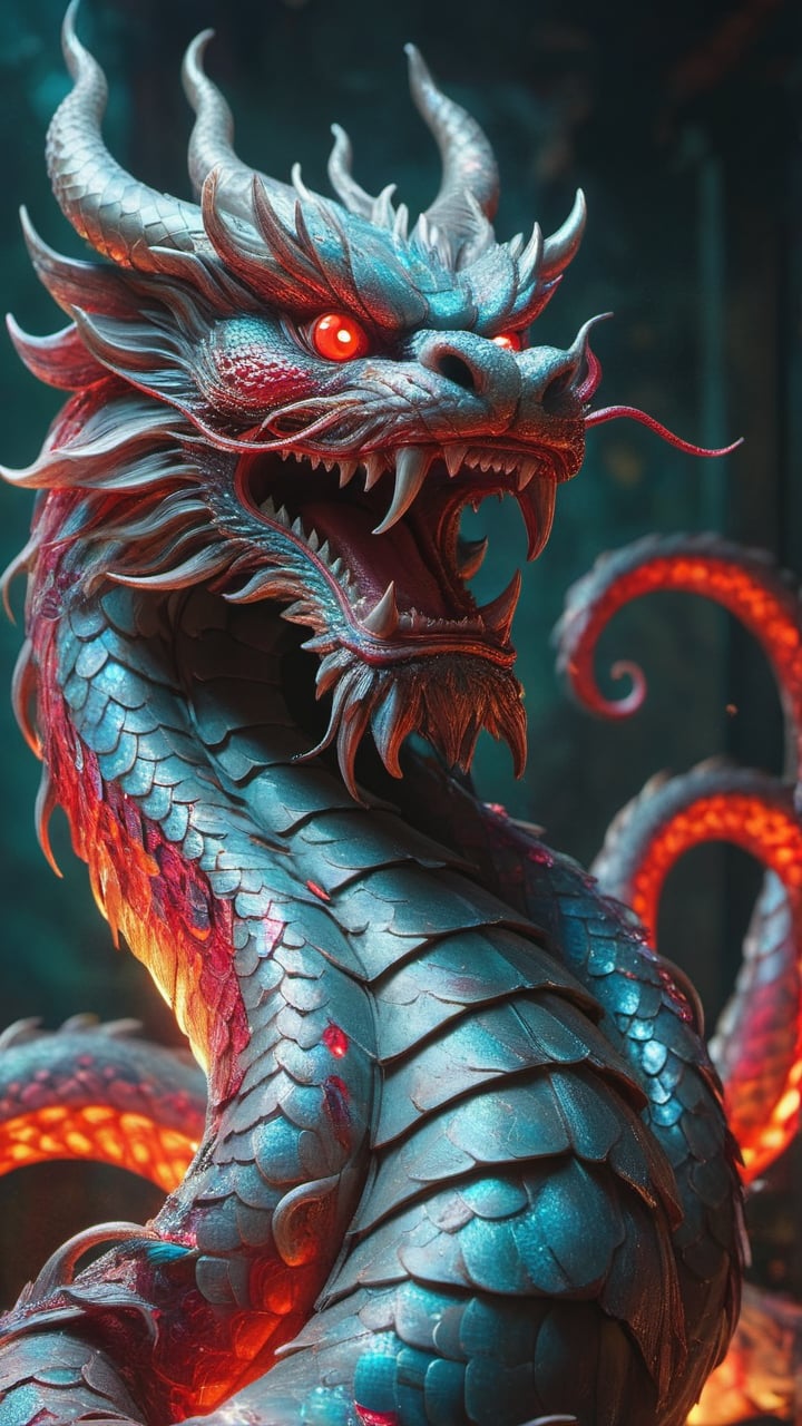 A massive nine-headed serpent demon in ancient Chinese style, each of the nine heads bearing sharp fangs and crimson red eyes. Its long, sinuous body is covered in glowing iridescent scales. Focus on the intricate scale textures, razor-sharp fangs, and the piercing gaze of the nine crimson eyes.