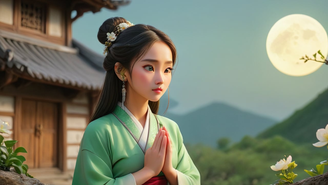 In an ancient mountain village, a young woman stands atop a hill, wearing a simple Hanfu, hands clasped, gazing at the stars. Behind her is a rustic wooden house, with blooming flowers in front, bathed in the gentle moonlight. She wears a green jade hairpin in her hair and silver earrings on her ears.
   - Keywords: young woman, Hanfu, jade hairpin, silver earrings, rustic wooden house, flowers, Han dynasty