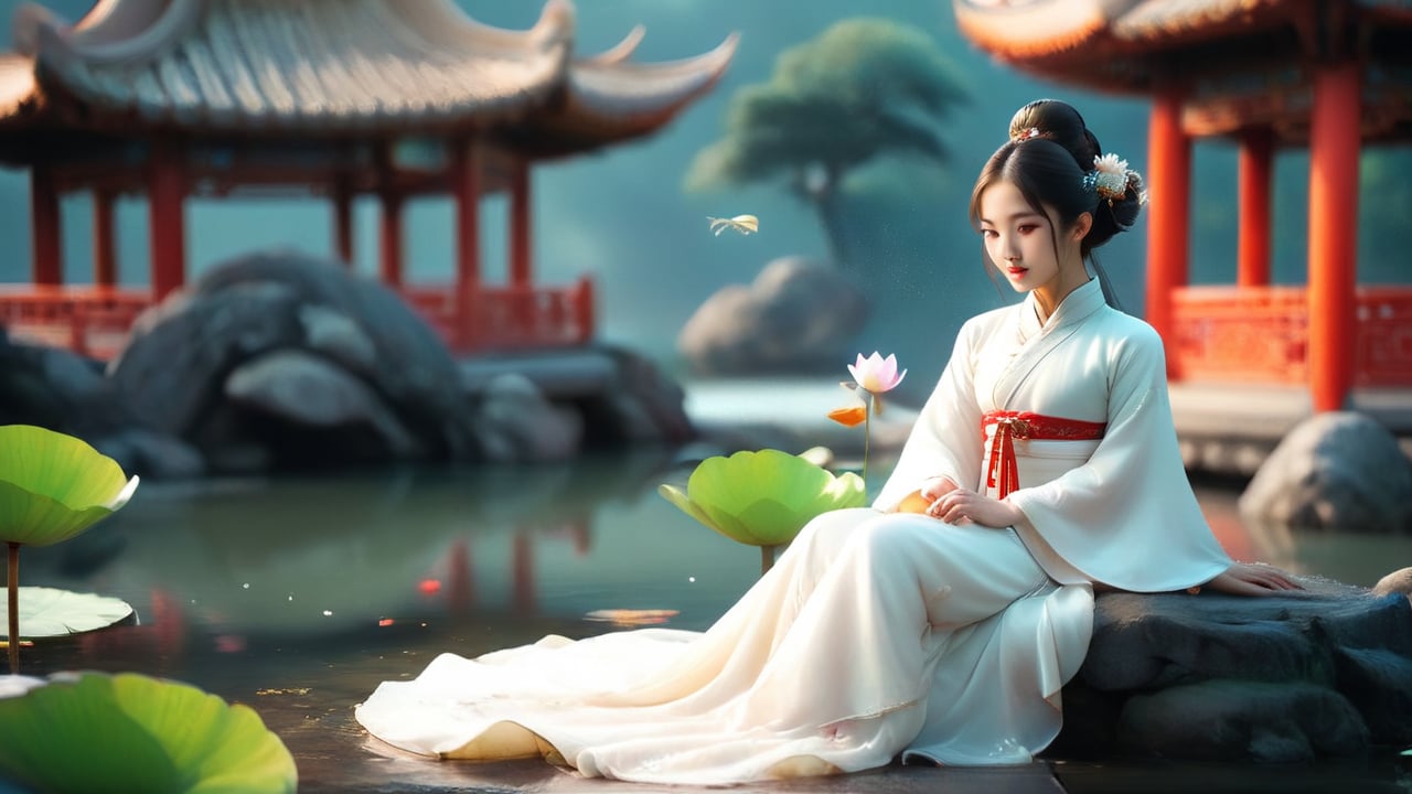 A Chinese girl is wearing a white Hanfu dress, and her figure is vaguely visible. China is ancient. Moon, pavilion, lotus and pond. Several koi fish, fairies,dragon