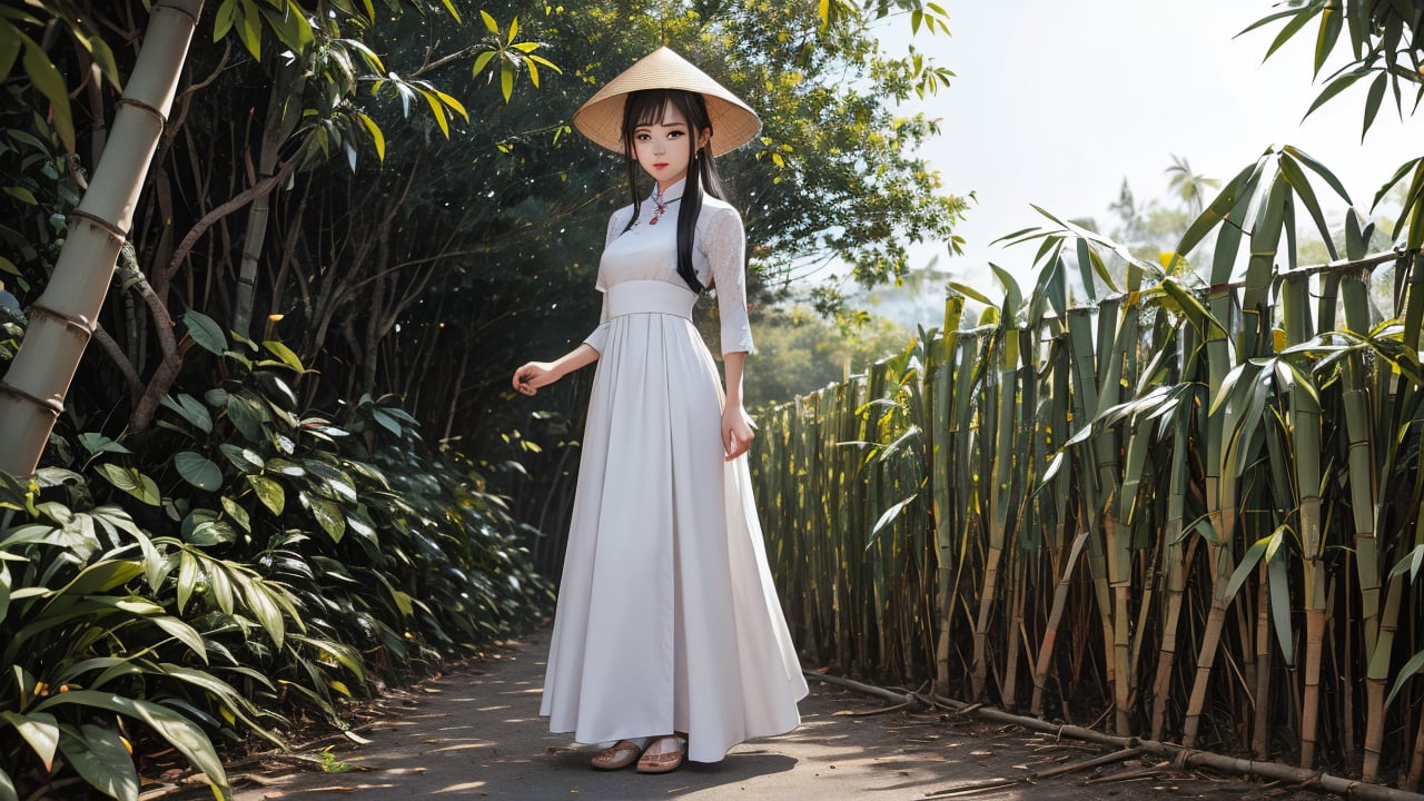 A Vietnamese girl is wearing a traditional white Vietnamese long dress cheongsam and an original bamboo hat on her head,body writing