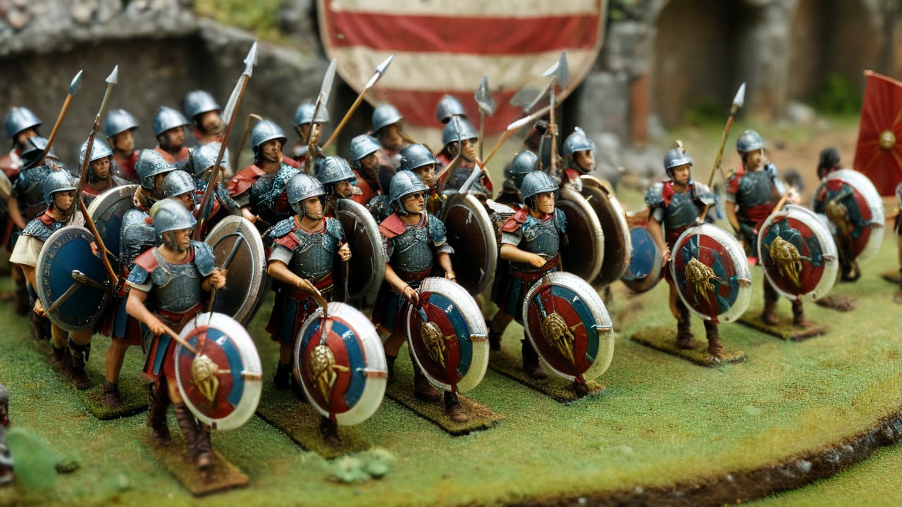 /create prompt:A miniature Roman army marching in formation, passing by a giant shield adorned with the emblem of a Roman legion. Soldiers hold tiny shields and spears, moving in perfect sync. Captured in a macro shot, showcasing the army's detail against the large shield with a tilt-shift effect to blur the Roman camp in the background. -camera zoom in -fps 24 -gs 16 -motion 1 -Consistency with the text: 22 -style: HD movies -ar 16:9
