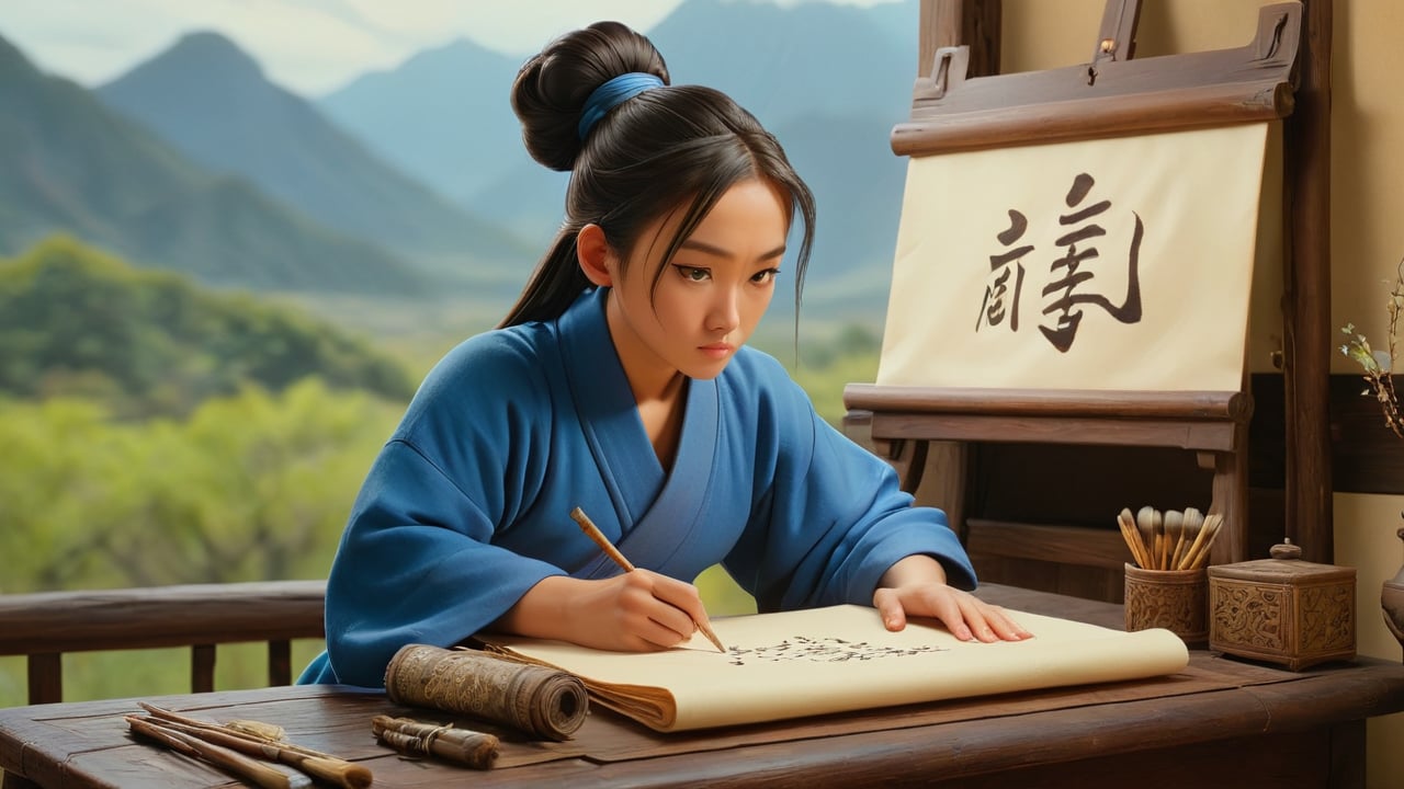 /create prompt: In an antique study, the martial artist in a blue robe and a high ponytail carefully paints a landscape scroll on a wooden desk filled with calligraphy tools. - -camera pan right -fps 24 -gs 16 -motion 1 -Consistency with the text: 22 -style: HD movies -ar 16:9
