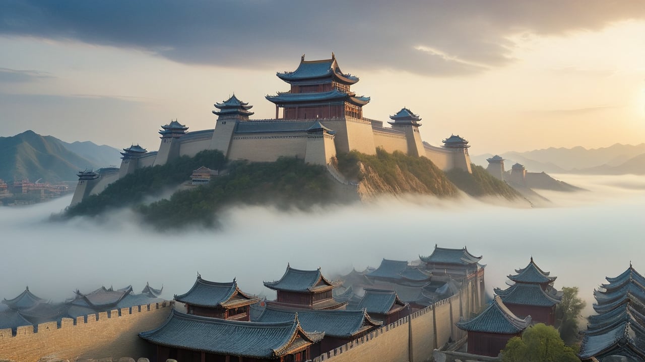 A distant view of the city of the Yuan Dynasty in China. The city of the Yuan Dynasty in China towers into the clouds in the distance. The city walls stand on the plain, and the gate guards are vaguely fighting fiercely. Yuan Dynasty guards in blue robes and Mongolian cavalry in armor fought endlessly in front of the city gate, swords clashing and dust flying.