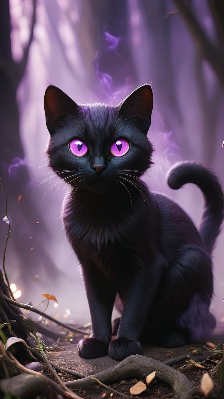 A black cat-like entity, shrouded in dark smoke, with deep purple glowing eyes.
Style: Agile and mysterious, moving silently with an enigmatic presence.
Background: Phantom Feline prowls the shadows, guarding secrets and moving between realms to maintain the balance of mystical forces.
Keywords:
Ethereal: Otherworldly, delicate, ghostly.
Stealthy: Sneaky, furtive, quiet.
Enigmatic: Mysterious, puzzling, cryptic.