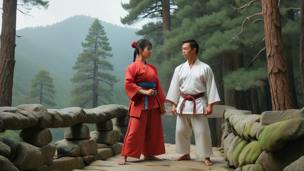 /create prompt: On a stone bridge shaded by pine trees, the martial artist and the woman, both in their traditional attire, stand side by side, gazing at the distant landscape. 
