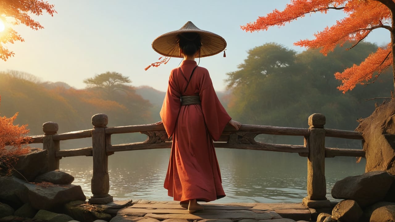 At an old, broken bridge, a solitary figure stands looking across the water. The figure's long Han dynasty robe flutters in the wind, and their face is filled with sorrow. They carry a lantern and wear a wide-brimmed hat. The surrounding scenery of autumn leaves and a setting sun creates a poignant and melancholic scene. HD