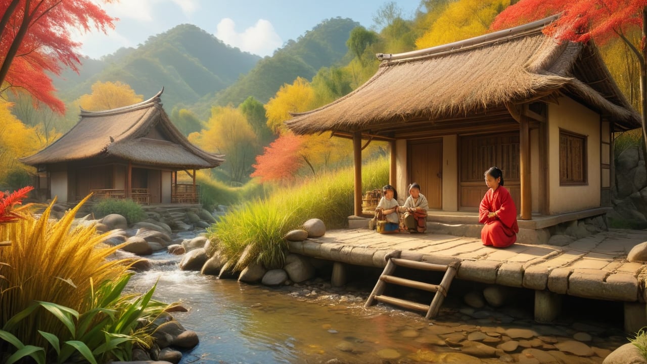 Nestled among bamboo groves and along a stream, a small cottage made of straw and wood stands. Outside the cottage, a family is seen engaging in daily chores, with a child playing nearby. They wear Han dynasty clothing. The autumn foliage is vibrant with red and yellow hues, painting a picturesque and serene scene. HD