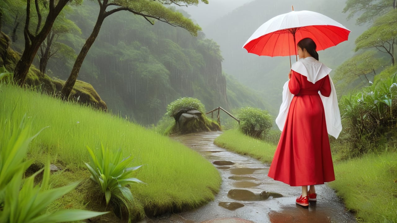 /create prompt: On a rainy mountain path, the woman in a red robe and white shawl holds a paper umbrella, her red embroidered shoes softly treading on the wet path. -neg opposite of a sunny scene -camera pan down -fps 24 -gs 16 -motion 1 -Consistency with the text: 22 -style: HD movies -ar 16:9
