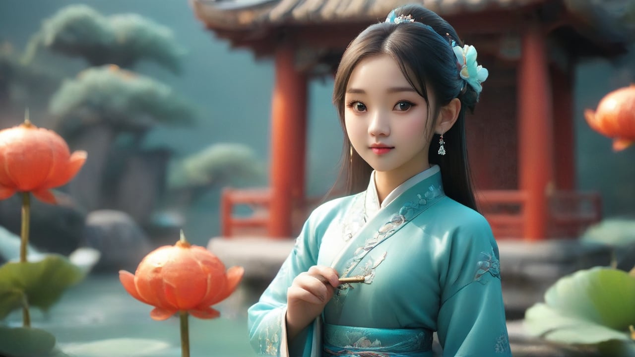 A Chinese girl is wearing a Aqua blue Hanfu dress, and her figure is vaguely visible. China is ancient. Moon, pavilion, lotus and pond. Several koi fish, fairies