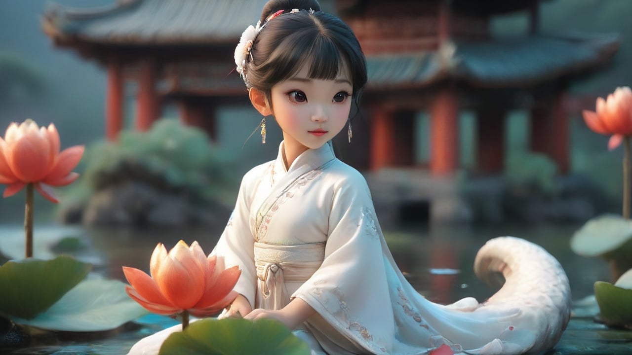 A Chinese girl is wearing a white Hanfu dress, and her figure is vaguely visible. China is ancient. Moon, pavilion, lotus and pond. Several koi fish, fairies,dragon