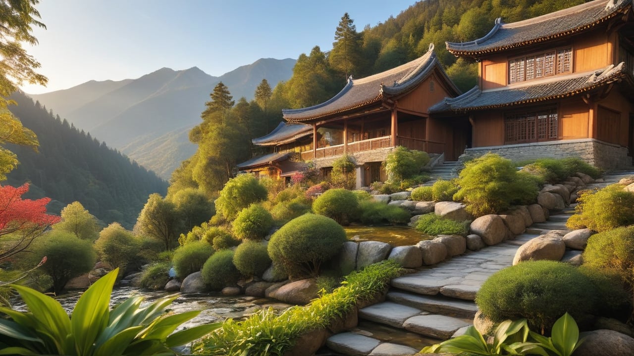 Mountain Village Harmony: Rustic Tranquility with Chinese Herbal Garden