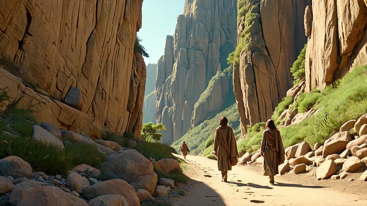 and her companions walk on the trial path, flanked by towering cliffs. Their steps are firm and courageous, with a light at the end of the path symbolizing the trial's end. -neg unclear or blocked path -camera pan left -fps 24 -gs 16 -motion 1 -Consistency with the text: 22 -style: HD movies -ar 16:9