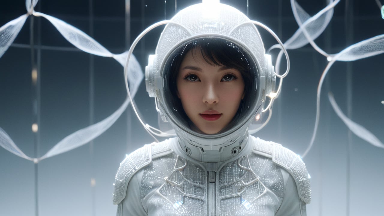 Beyond the veil of memories, the protagonist navigates through a fantastical world with floating translucent grids. Each grid reflects a fragment of memory, as the protagonist wears a white tech suit with magnetic field sensors, eyes gleaming with the search for love.