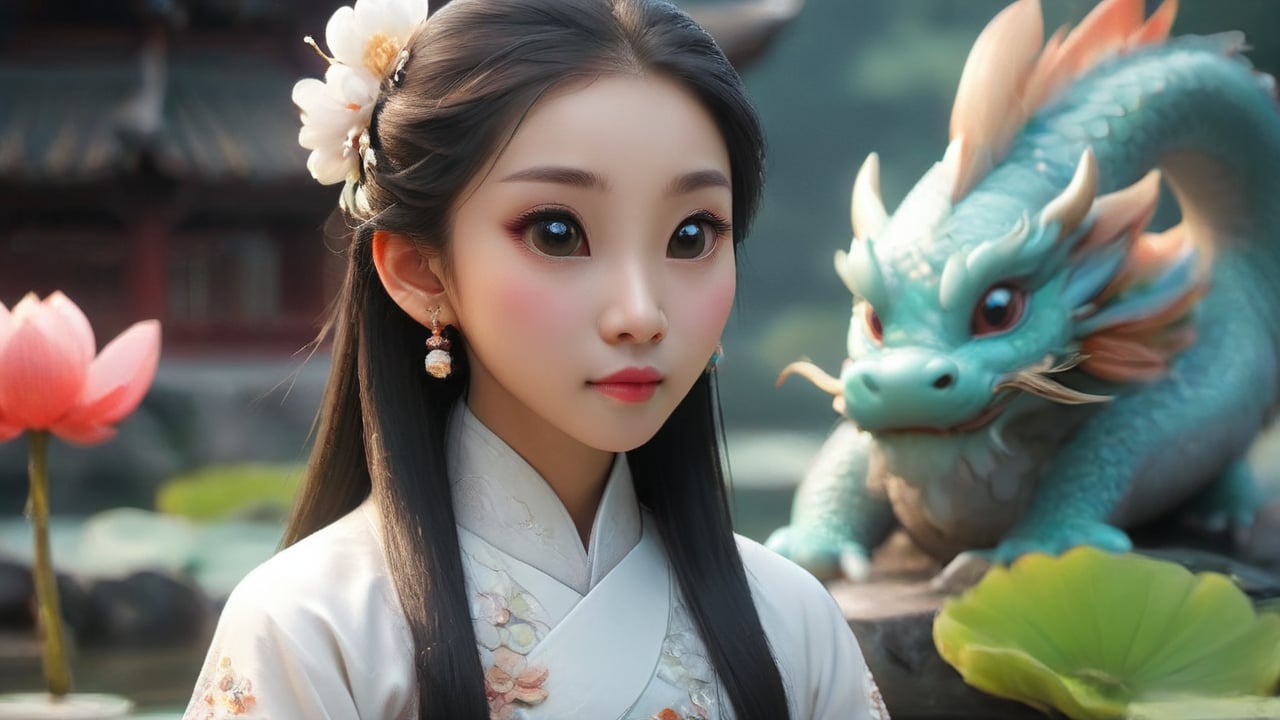 A Chinese girl is wearing a white Hanfu dress, and her figure is vaguely visible. China is ancient. Moon, pavilion, lotus and pond. Several koi fish, fairies,dragon