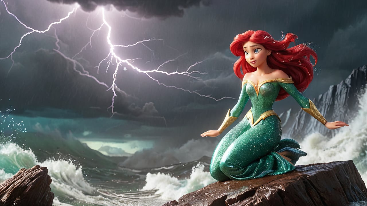 the storm, Ariel is knocked down but resolutely stands up, her face filled with indomitable will. Her companions are beside her, supporting each other, showcasing the true spirit of heroes. 