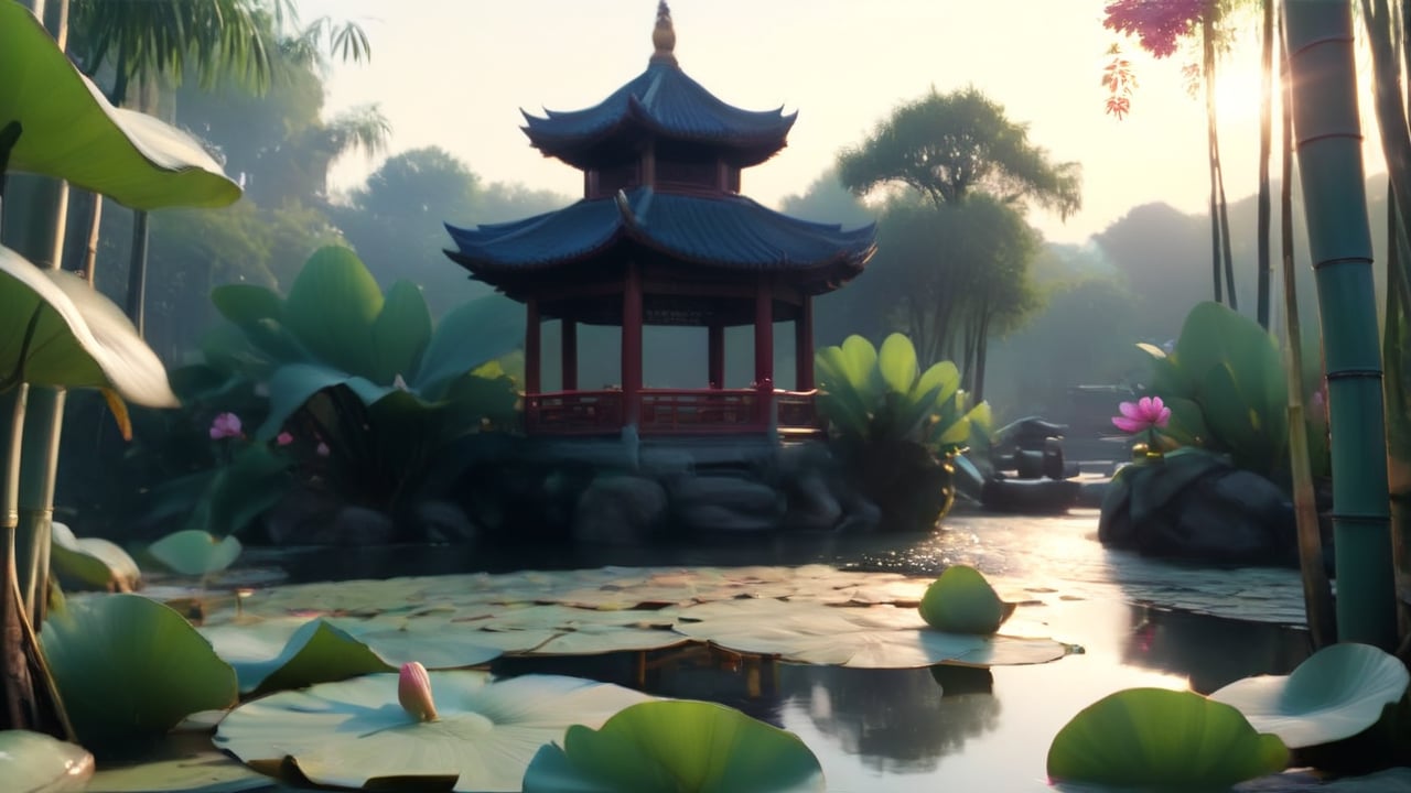 /create Prompt: Suzhou garden landscape. Pagodas and ponds adorned with lotus flowers. Wide shot. Sunlight filters through bamboo groves, creating serene shadows.  -fps 24 -gs 16 -motion 1 -Consistency with the text: 20 -style: 3D Animation -ar 16:9