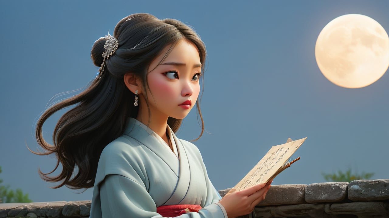  On an ancient stone bridge, a Han dynasty girl, dressed in a plain long robe, with long hair and a silver hairpin, stands at the bridge's edge, gazing at the bright moon in the sky. She holds a letter full of longing words, with tears glistening in her eyes, filled with deep yearning for her distant lover.
   - Keywords: longing, plain long robe, silver hairpin, letter, tears, Han dynasty girl
