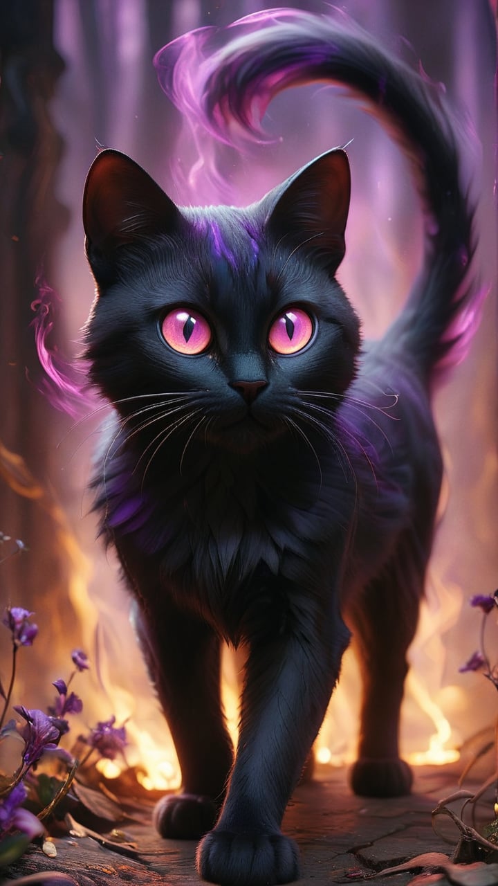 A black cat-like entity, shrouded in dark smoke, with deep purple glowing eyes.
Style: Agile and mysterious, moving silently with an enigmatic presence.
Background: Phantom Feline prowls the shadows, guarding secrets and moving between realms to maintain the balance of mystical forces.
Keywords:
Ethereal: Otherworldly, delicate, ghostly.
Stealthy: Sneaky, furtive, quiet.
Enigmatic: Mysterious, puzzling, cryptic.