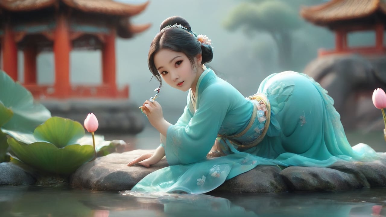 A Chinese girl is wearing a Aqua blue Hanfu dress, and her figure is vaguely visible. China is ancient. Moon, pavilion, lotus and pond. Several koi fish, fairies