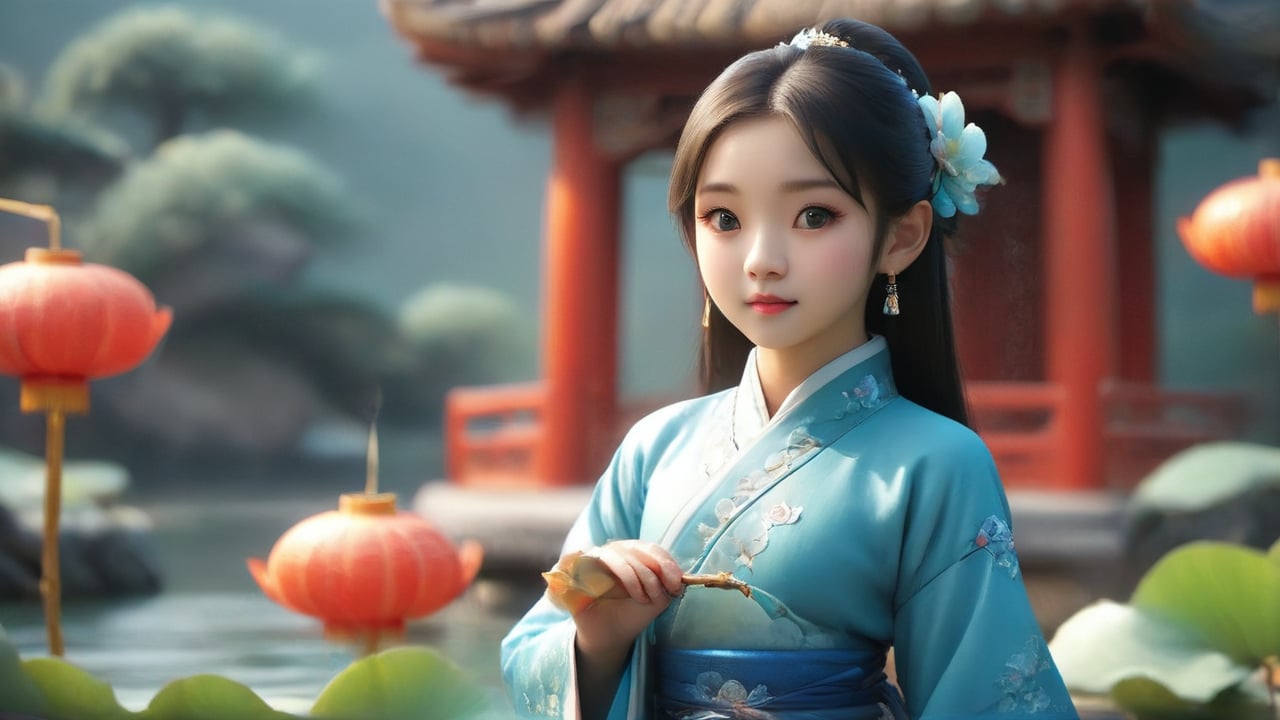 A Chinese girl is wearing a blue Hanfu dress, and her figure is vaguely visible. China is ancient. Moon, pavilion, lotus and pond. Several koi fish, fairies