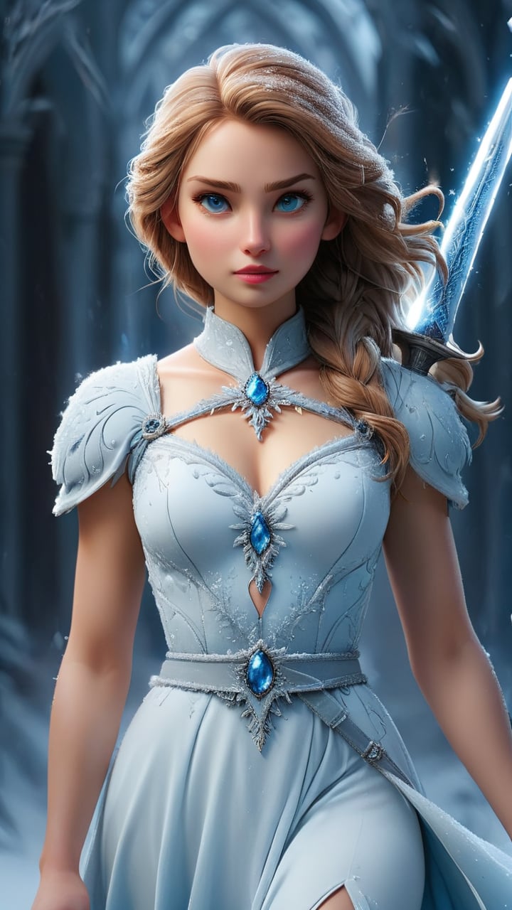 She wears a white velvet dress, her skin glowing with an icy blue hue, and she wields a frosty sword.
Style: Cold and pure, with a serene yet formidable presence.
Background: Frosty Frost Sprite governs the realm of ice and snow, bringing tranquility and purity while guarding against destructive forces.
Keywords:
Frosty: Icy, cold, frigid.
Pure: Unblemished, pristine, clean.
Tranquil: Peaceful, calm, serene.