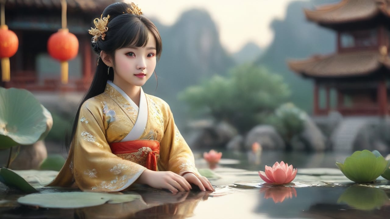 A Chinese girl is wearing a golden Hanfu dress, and her figure is vaguely visible. China is ancient. Moon, pavilion, lotus and pond. Several koi fish, fairies