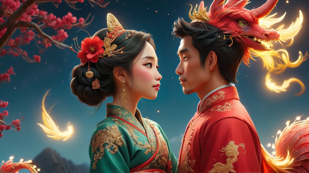 In a dream, lovers reunite under a starry night sky, dressed in traditional Han dynasty wedding attire. The groom wears a red dragon-embroidered long robe, and the bride wears a phoenix-embroidered bridal gown with a crown. They dance together. The bride's crown is adorned with rubies and jade, and her gown is embroidered with gold thread. The surrounding starry night sky and blooming flower sea make it seem like the whole world is celebrating their reunion.
   - Keywords: dream, traditional wedding attire, bridal gown, rubies, jade, gold thread, stars, flower sea, Han dynasty