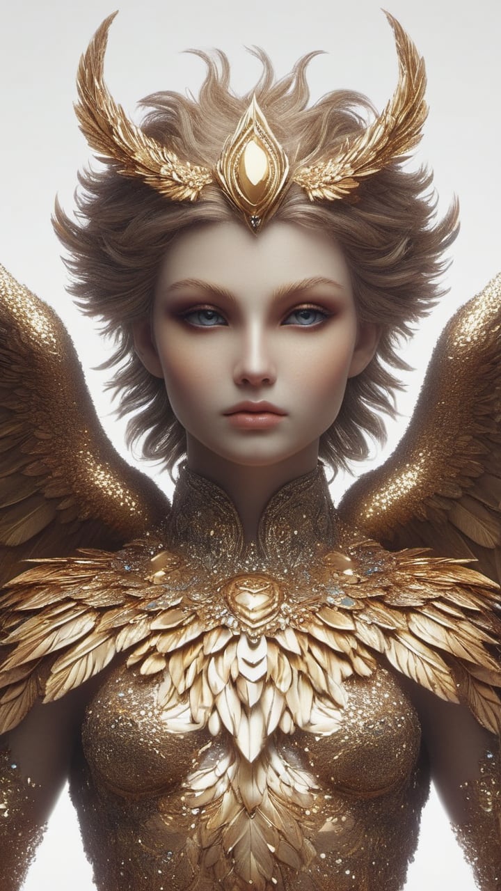 A magnificent, angelic figure with a human-like torso and face, but with a pair of enormous, golden wings. Its expression is serene and benevolent, yet its gaze is piercing. Focus on the intricate feather details of the wings, the angelic facial features, and the aura of power and grace surrounding the figure.