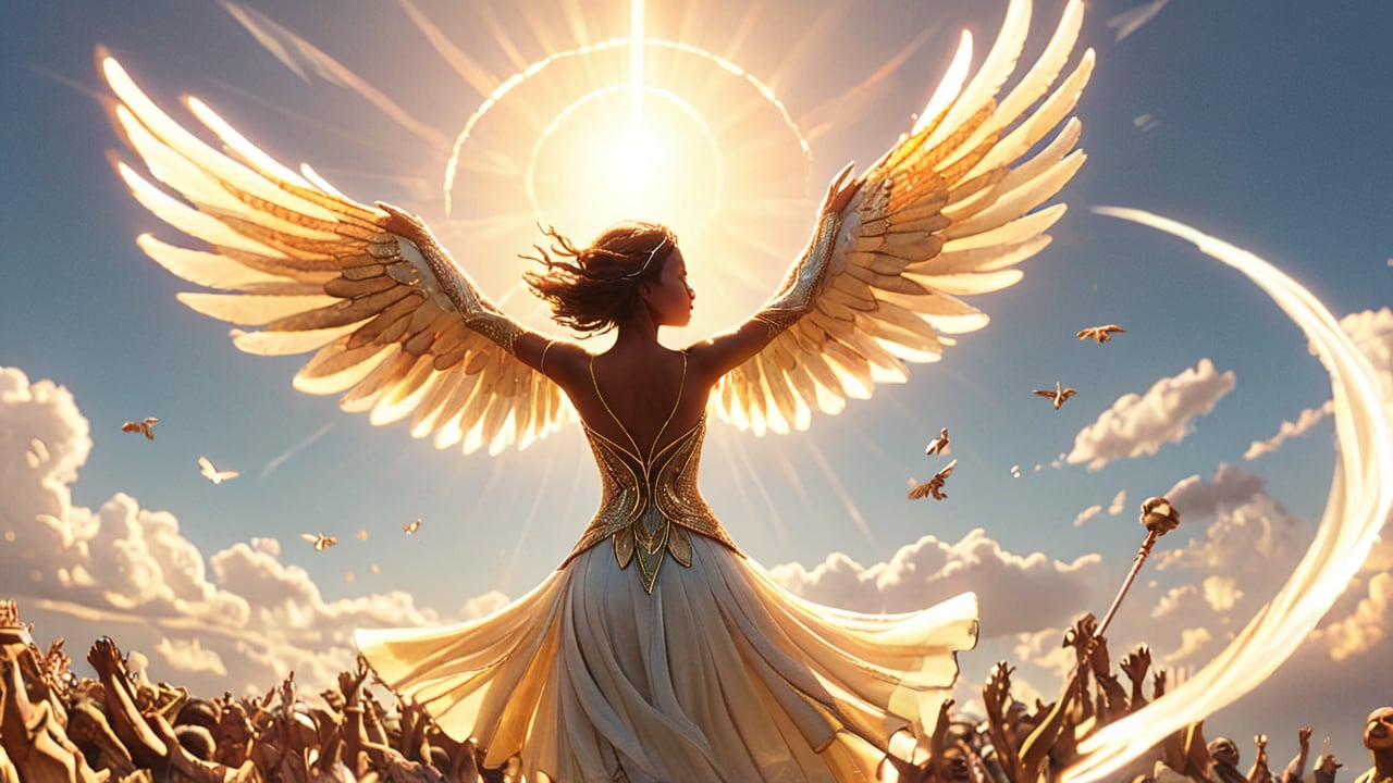 spreads her wings, soaring in the radiant sky. Her wings glisten in the sunlight, symbolizing her transformation into the true warrior of light. Her companions look up from the ground, their faces filled with pride. -neg grounded or wingless -camera pan down left -fps 24 -gs 16 -motion 1 -Consistency with the text: 22 -style: HD movies -ar 16:9
