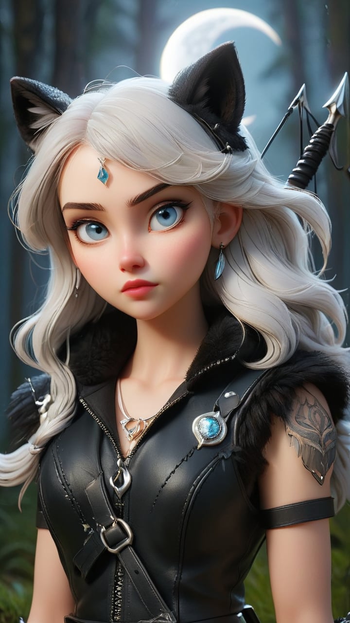 She has pale skin, wears a black leather vest, and has a silver crescent moon necklace. She carries a crescent-shaped bow and arrow.
Style: Calm and mysterious, with deep-set eyes and a black, silver-threaded wolf fur crown.
Background: Lunar Lupine is the guardian of the night forest, drawing power from moonlight to protect the vulnerable from nighttime dangers.
Keywords:
Moonlit: Illuminated by the moon, serene, ethereal.
Silent: Quiet, still, peaceful.
Wise: Knowledgeable, insightful, experienced.

whole body
,Personification