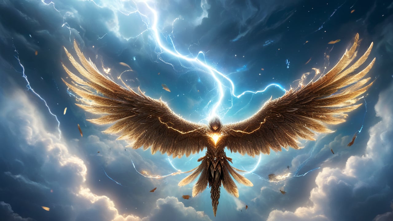 In the boundless sky, the protagonist soars with wings of light adorned with mysterious runes, gliding above the sea of memories. Fragments of love and past scenes appear in the clouds, fleeting and brilliant like lightning, with stars and cosmic whirlpools in the background.
