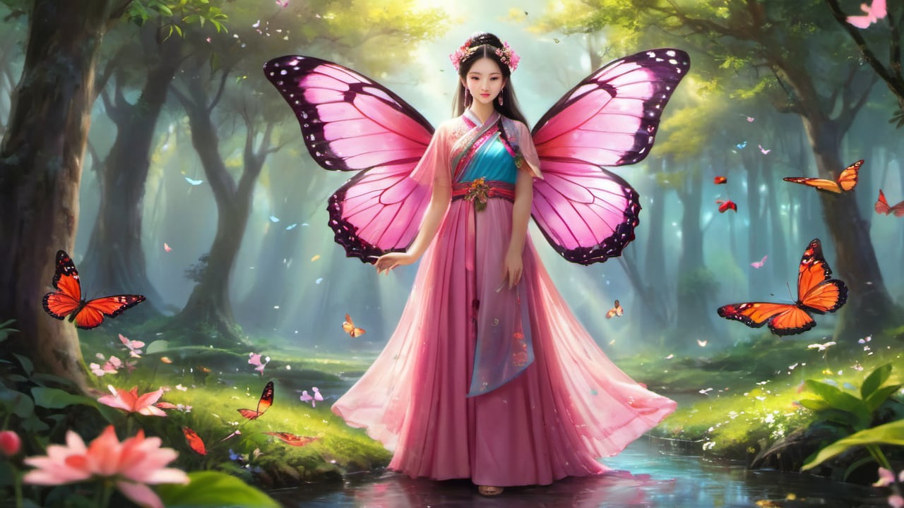 An ancient Chinese girl has a pair of colorful butterfly wings floating in the air and wears a pink Han Dynasty dress. flowers, wings, trees, no humans, bugs, many small butterflies, nature, forest, fly, butterfly wings