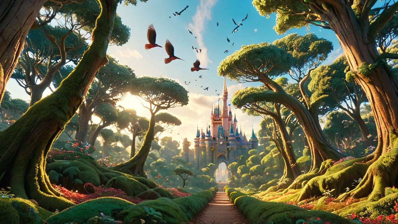 disney, A vast magical forest with birds flying among the treetops, captured in a wide shot.