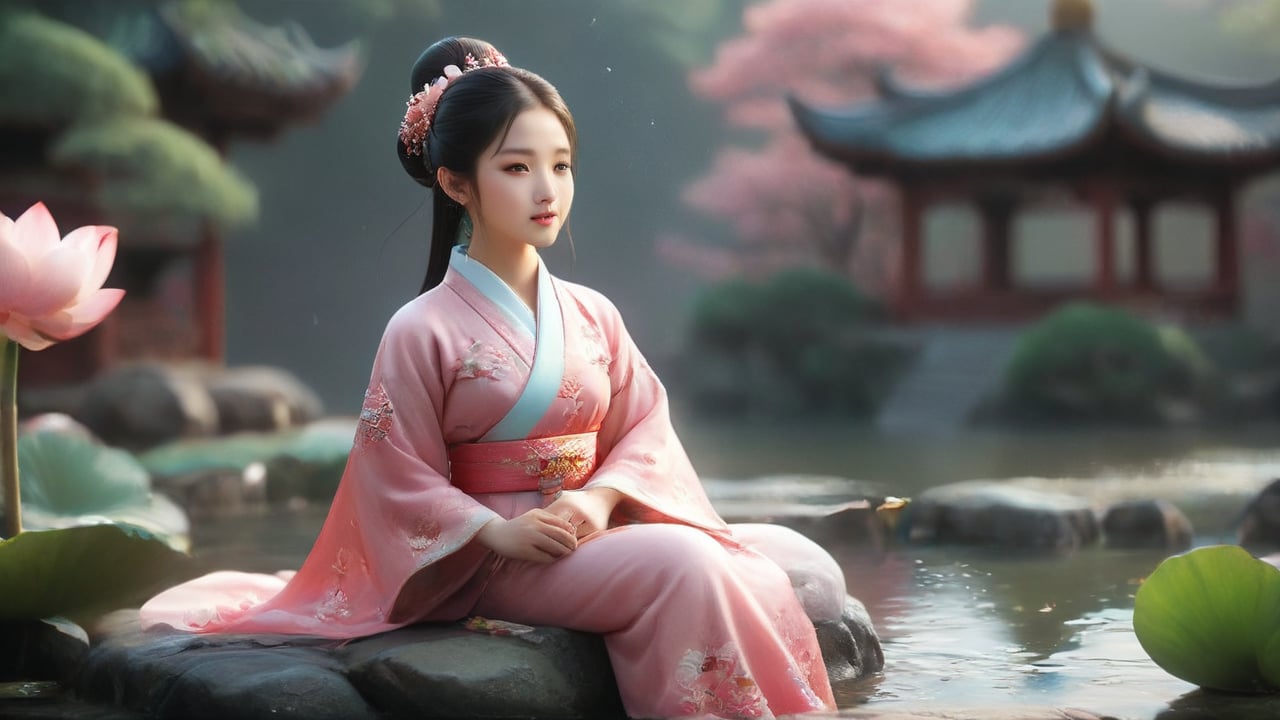 A Chinese girl is wearing a pink Hanfu dress, and her figure is vaguely visible. China is ancient. Moon, pavilion, lotus and pond. Several koi fish, fairies