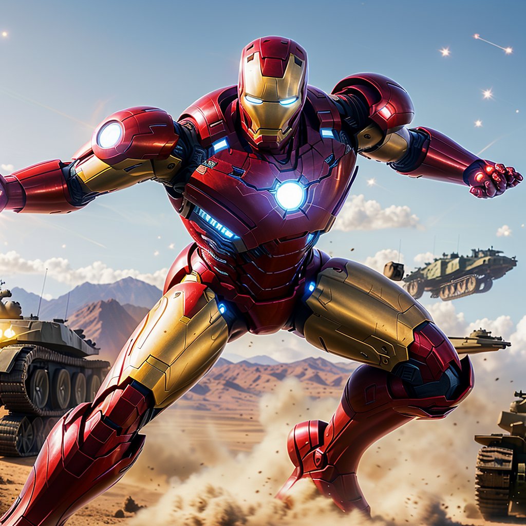 (((masterpiece))), (((best quality))), (((centered image))), Marvel Super Heroe's Iron Man flying through the air and firung his repulsor energy beams and destroying a main battle tank,(((Full Body portrait))), (((hyper realistic))), (day time, bright natural lighting, diffused back lighting, dreamy, glowing, glamour, glimmer, shadows, smooth, ultra high definition, 8k, ultra sharp focus, intricate artwork, matte painting),tank