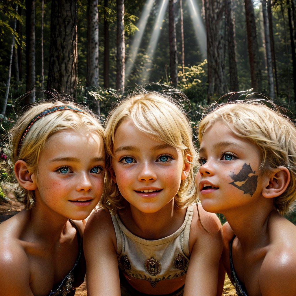 (((masterpiece))), (((best quality))), (((centered image))), (((Full Body portrait, wide angle shot))), (((hyper realistic))), (((a group of 3 human-wolf hybrid girl children with blond hair and blue eyes and 3 human-wolf hybrid boy children playing in the forest just outside of a modern looking den style home, all of the children in frame))), (((happy facial expressions, light blue eyes, plump full moist lips, fit physique, perfect body and limb proportions))), (((sweaty, grimey, dirty))), (((centered image, hyper realistic, full body, wide angle shot, three quarter view, natural light source, god rays, diffused back lighting, day time, dreamy, glowing, glimmer, shadows, smooth, ultra high definition, 8k, ultra sharp focus, intricate artwork, matte painting))),AIDA_LoRA_AnC,chores, 