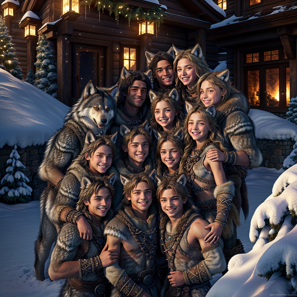 In this breathtaking masterpiece, a group of six human-wolf hybrid teenagers, three girls and three boys, are captured in a stunning full-body portrait. Centered within the frame, they playfully frolic in a snow-covered forest, just outside their modern den-style home. The Viking-attired teens, adorned with Nordic knotwork designs and furs, exude joy as they revel in the winter wonderland.

Their faces radiate happiness, with bright blue eyes shining like sapphires, plump lips curved into warm smiles, and fit physiques showcased by their sweat-drenched, grimy clothing. The ultra-high definition image (8K) features a hyper-realistic quality, with intricate artwork and matte painting that transport the viewer to this whimsical world.

The lighting is a masterclass in subtlety, with natural light pouring from above, casting gentle god rays across the scene. Diffused backlit effects add depth and dimensionality, while shadows provide subtle texture to the overall composition. The result is a dreamy, glowing atmosphere that seems almost ethereal, as if plucked from a Nordic mythology.,AIDA_LoRA_EvaR,cute blond boy