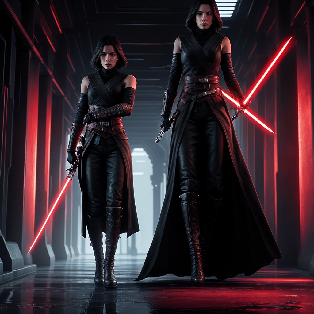 In a dimly lit, dark moody hallway within the Star Destroyer's interior, Darth Nox, female Grand Inquisitor and Lord of the Sith, stands poised at the center of the frame, bathed in a pool of diffused backlight that casts a warm, dreamy glow on her face. Her double-bladed pole saber is held horizontally to the floor with her left hand, its crimson hue reflecting off the smooth walls and near-floor lighting, creating an eerie ambiance. The subject is posed in combat meditation, exuding confidence and power as she stands tall, with intricate details of her armor and surroundings rendered in ultra-high definition (8K) and sharp focus, resembling a photorealistic masterpiece.,Axe,light_saber