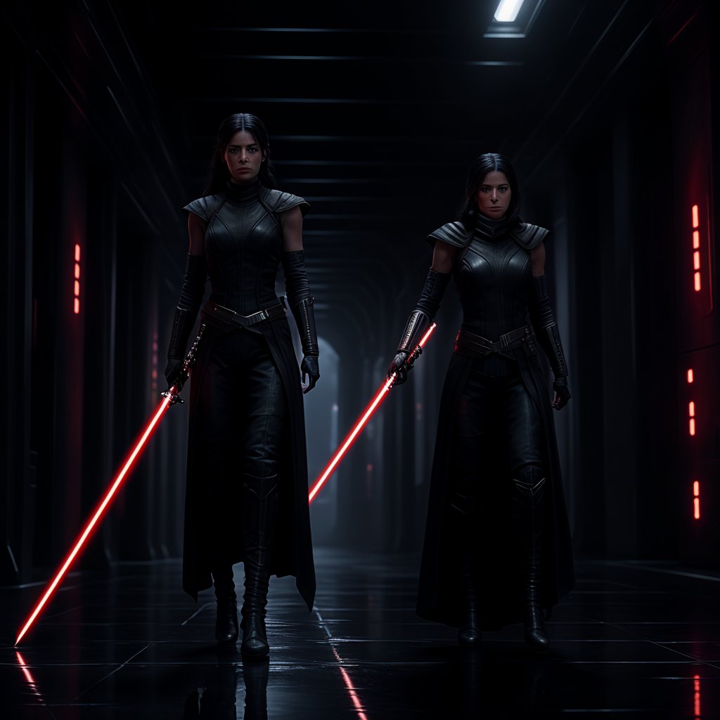 In a dimly lit, dark moody hallway within the Star Destroyer's interior, Darth Nox, female Grand Inquisitor and Lord of the Sith, stands poised at the center of the frame, bathed in a pool of diffused backlight that casts a warm, dreamy glow on her face. Her double-bladed pole saber is held horizontally to the floor with her left hand, its crimson hue reflecting off the smooth walls and near-floor lighting, creating an eerie ambiance. The subject is posed in combat meditation, exuding confidence and power as she stands tall, with intricate details of her armor and surroundings rendered in ultra-high definition (8K) and sharp focus, resembling a photorealistic masterpiece.,Axe,light_saber